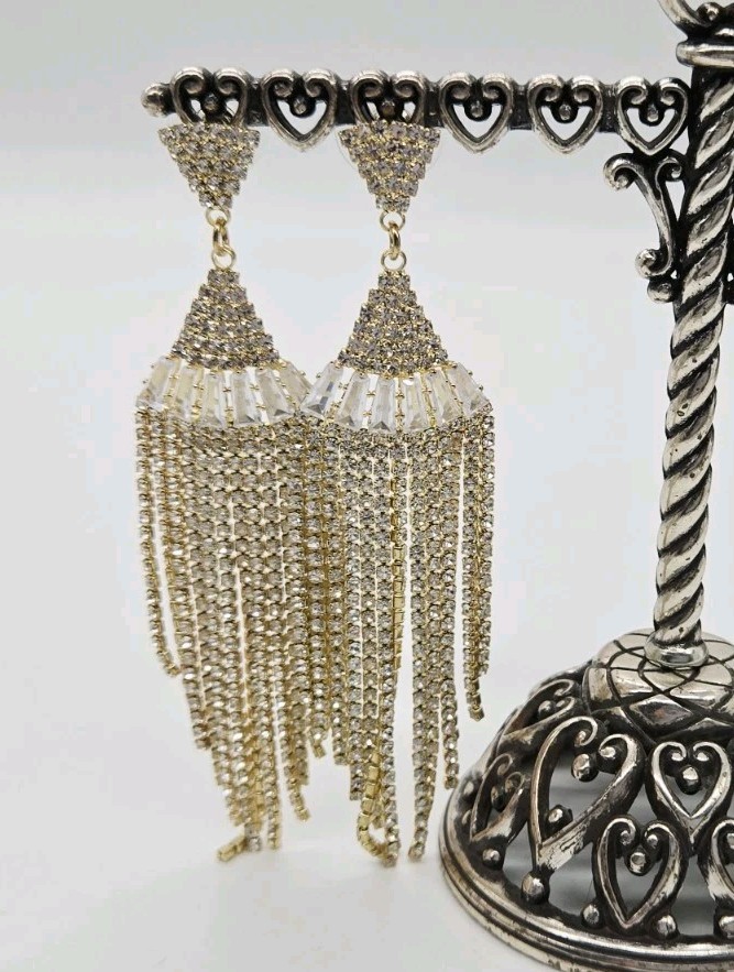 Crystal Chandelier Earrings Fringe Waterfall Dangle Gold Tone Pierced 3.75 in