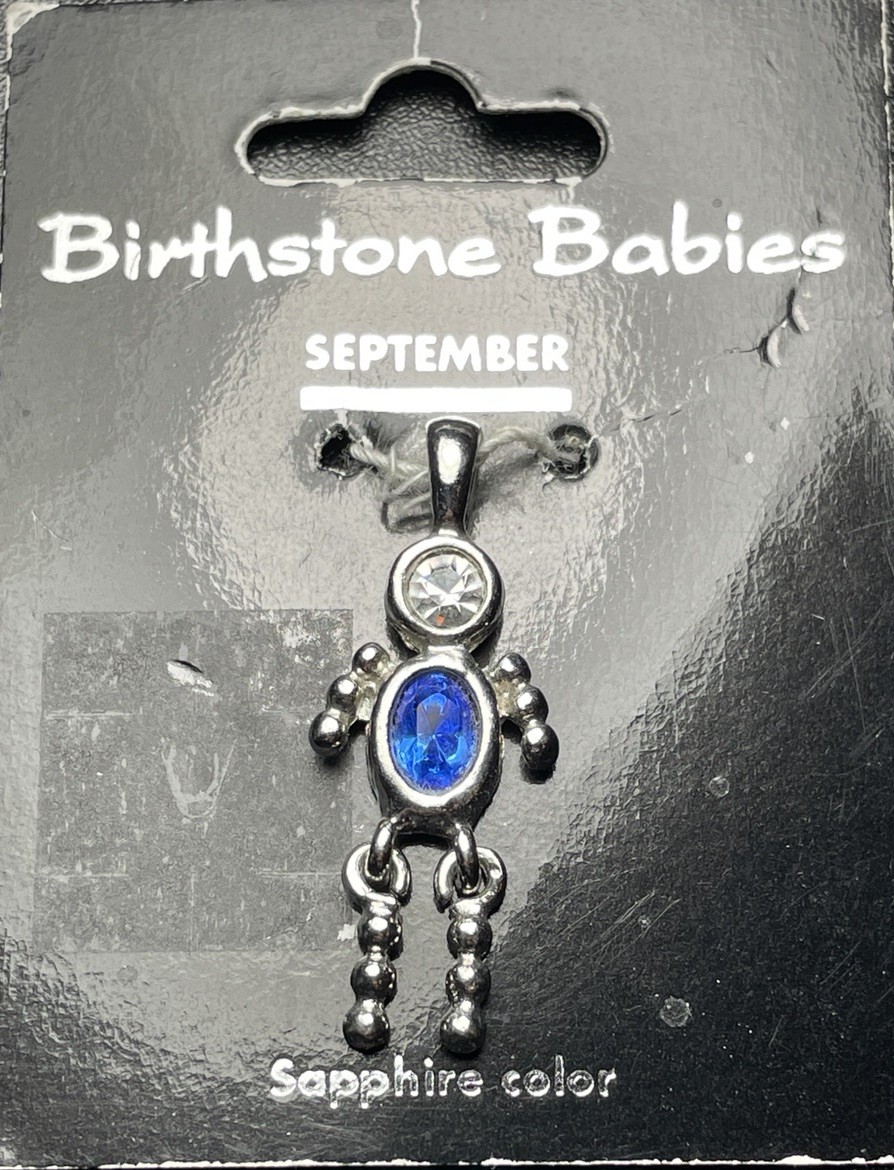 Vintage September Birthstone Baby Boy Charm Pendant Sapphire Color Silver Plated