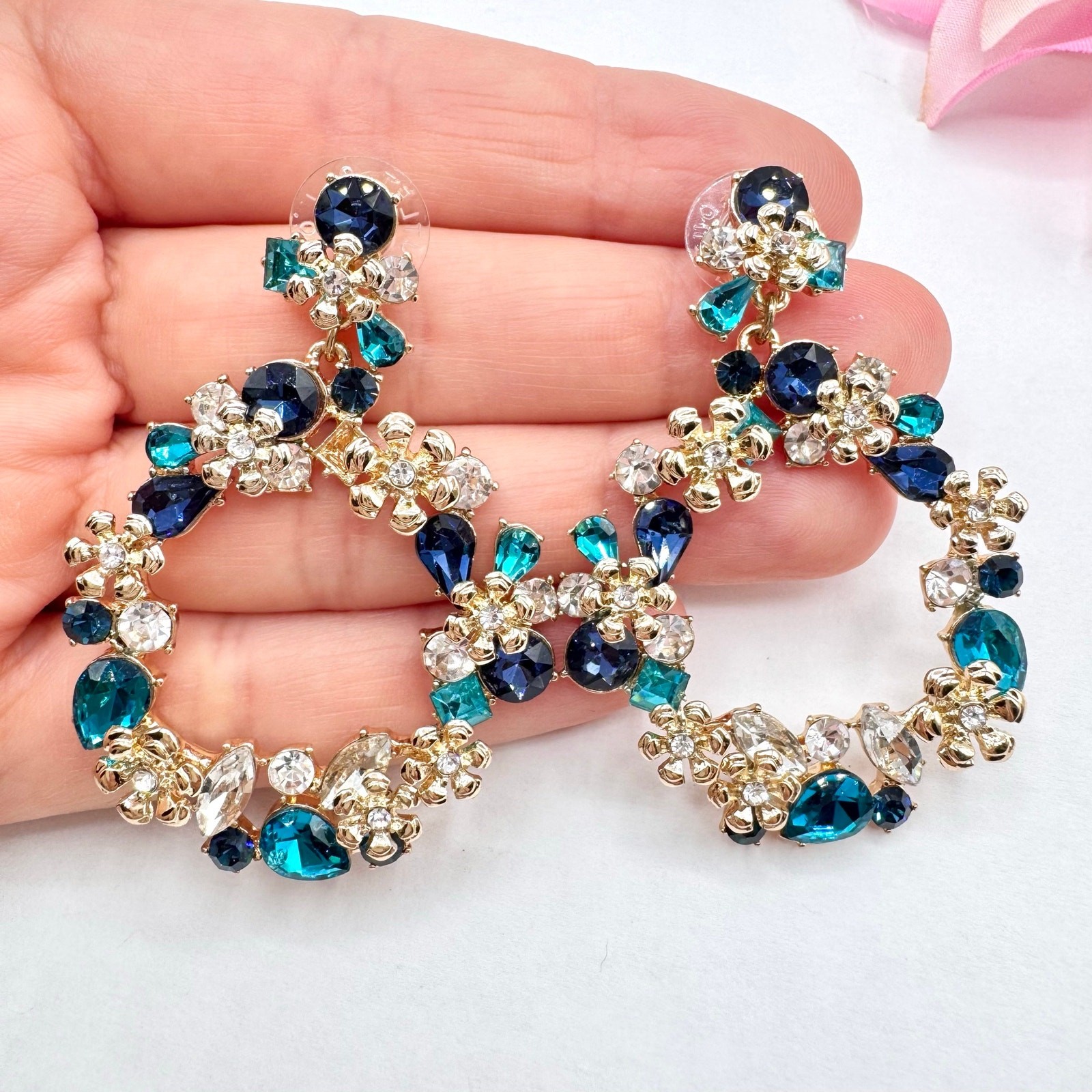 LOFT Outlet Blue Rhinestone Cluster Wreath Earrings Wedding Guest Gala Party Fun