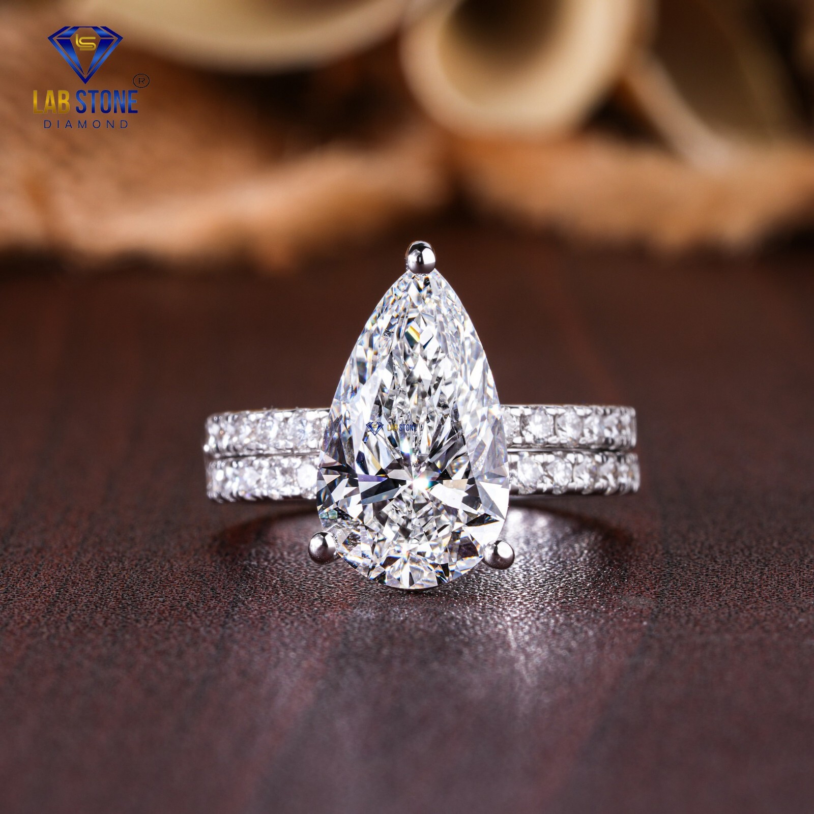 3.80 TDW Pear &Round Cut Lab-Created Diamond White Gold Ring EF Color VS Clarity