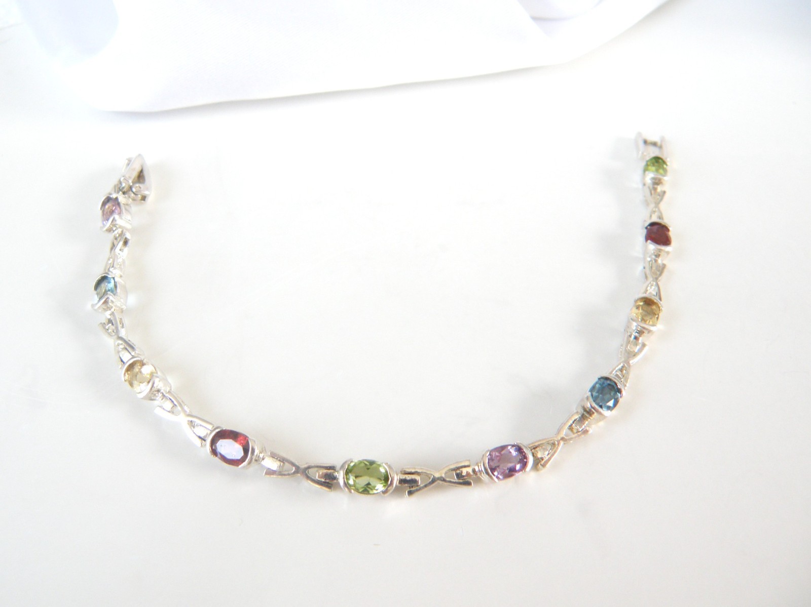 Vintage Sterling Silver 925 Gemstone Tennis Station Link Bracelet 7″