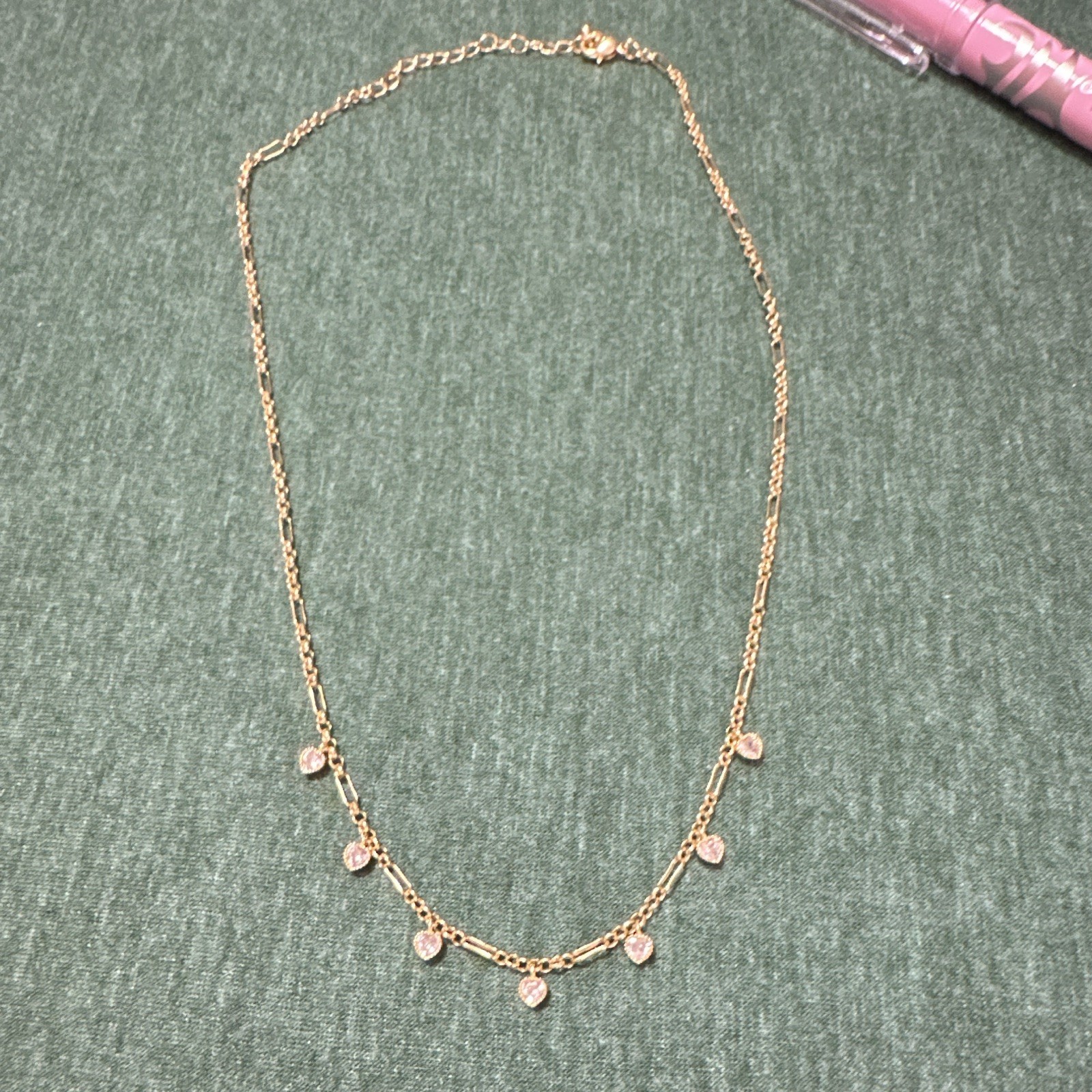 Gold Plated Pink Heart Crystal Charm Necklace, Adjustable Cable Chain Lobster