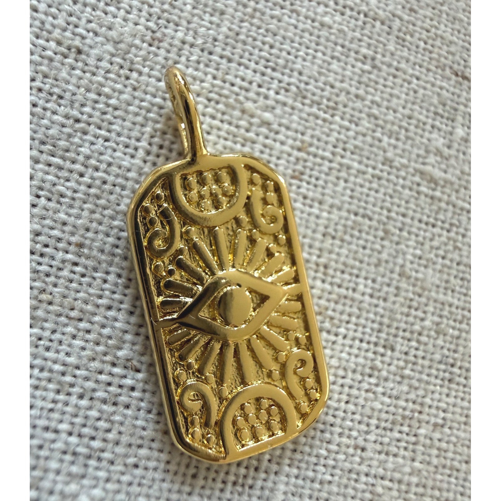 Gold PVD Coated Evil Eye Dog Tag Pendant Celestial Sunburst Tarnish Resistant