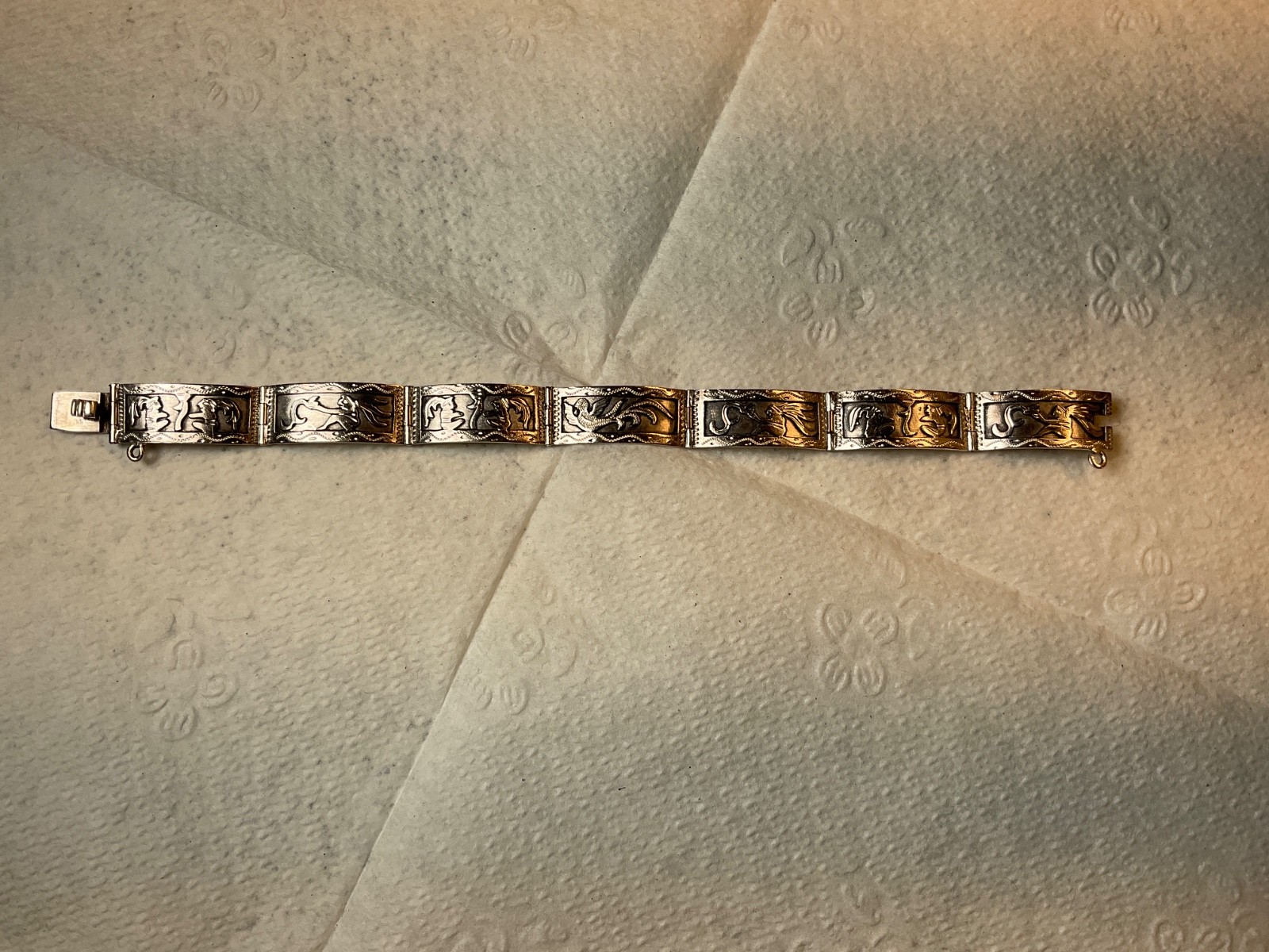 Vintage Chinese Export .900 Silver 7 Panel Bracelet Phoenix Archaistic Design