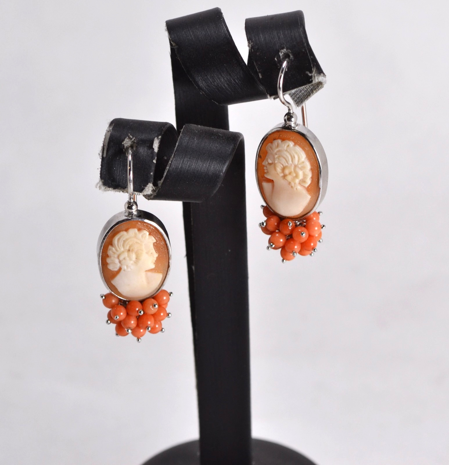 925 Silver Earrings With Oval Cammee Corneola & Corallo Sciacca 18mm, 3.5mm