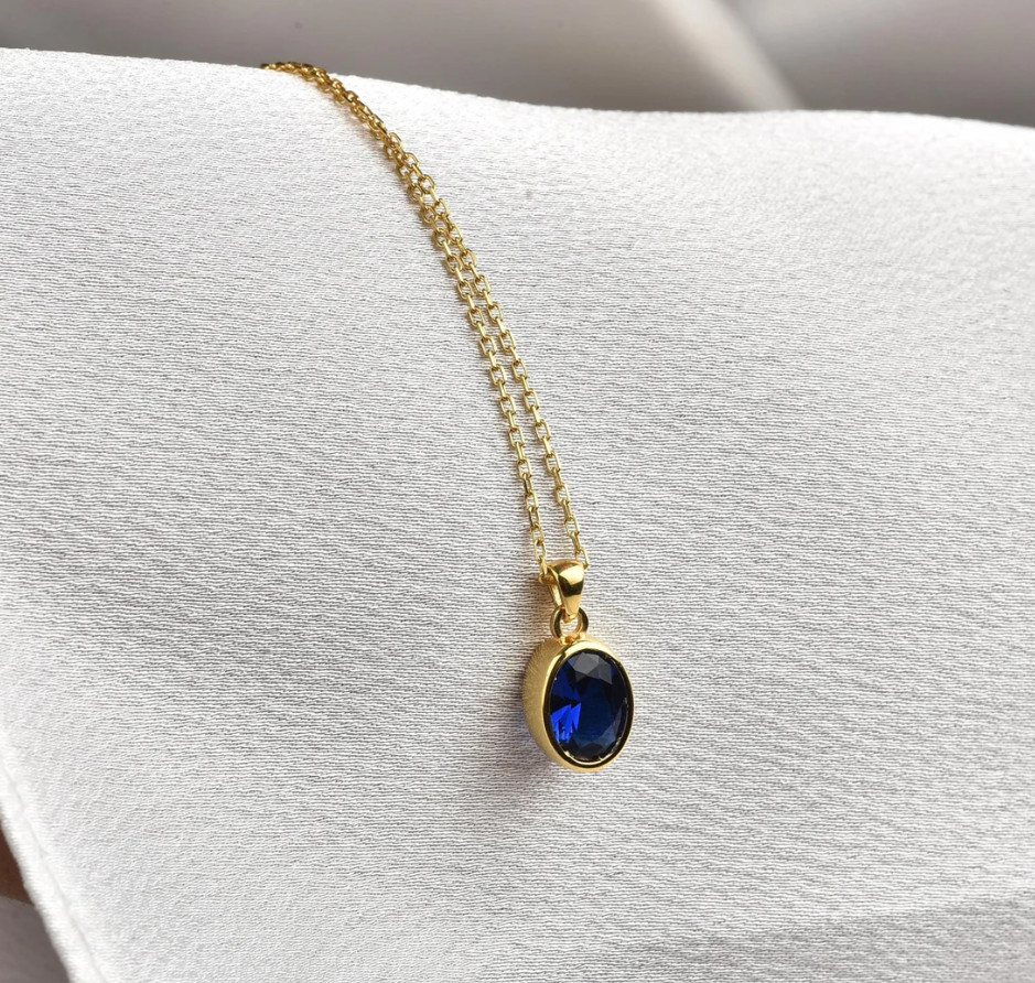 Gold Filled Oval Cut Blue Sapphire Necklace Silver Sapphire Birthstone Jewelry
