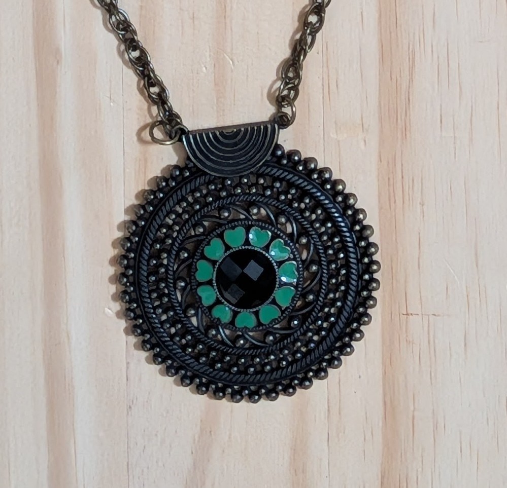 2 Boho Necklaces & 1 Retro: Medallion w/green hearts, Flower w/Beads, Peace Sign