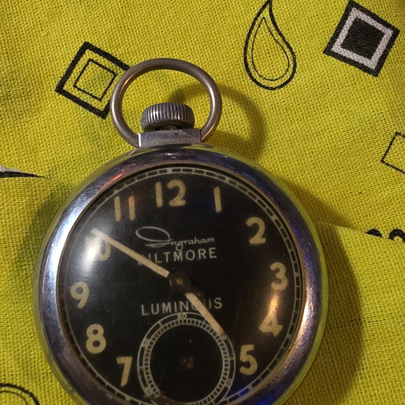 Ingraham Biltmore Open Face Pocket Watch Silver Tone Case Black Arabic Dial
