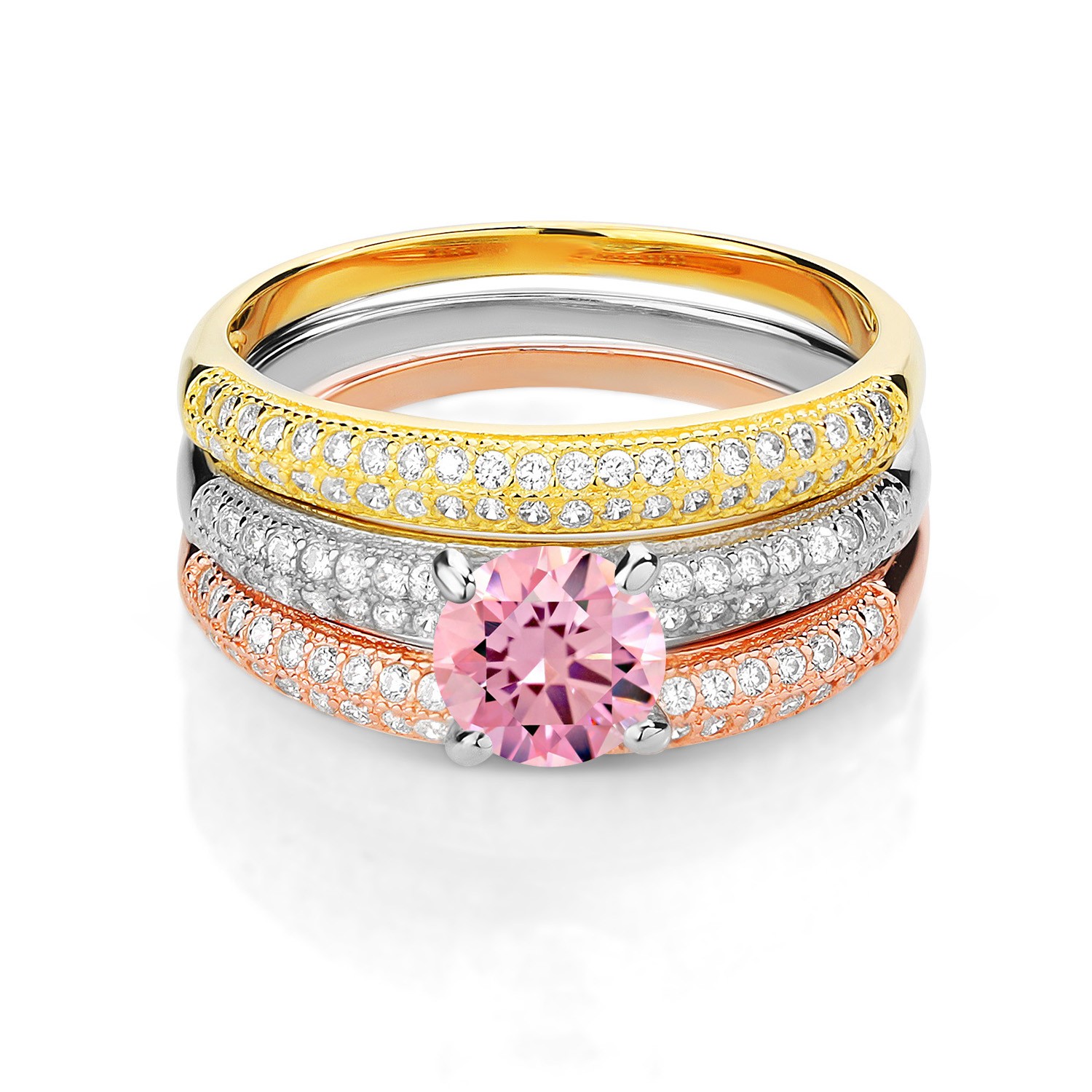 2.94 Ct Round Pink Zirconia 925 Sterling Silver Set of 3 Stacking Ring