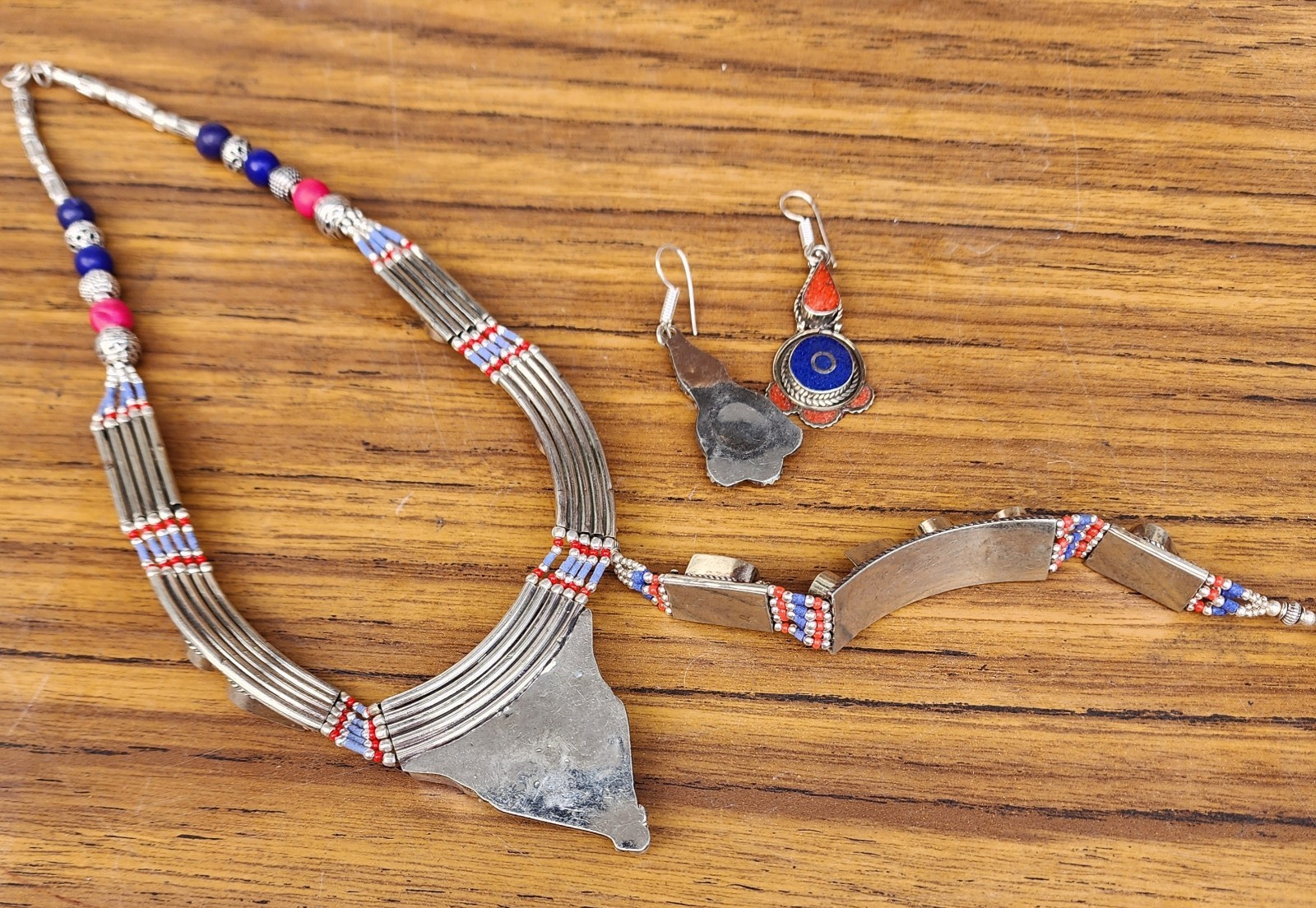Nepali Statement Women Necklace Earring Set Lapis Turquoise Tibetan Jewelry