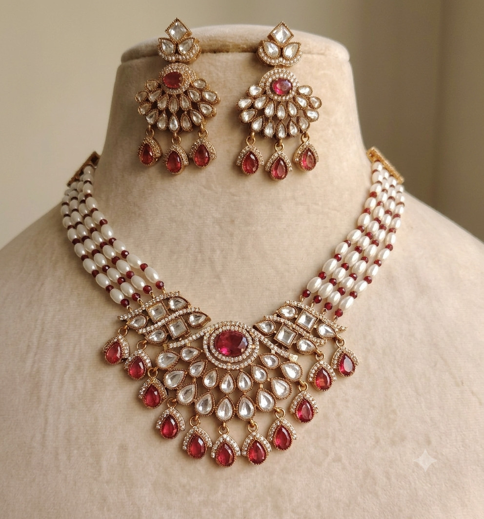 Arishfa Bridal Ruby Red Kundan Pearl Necklace Set with Earrings Roz Jewellers.
