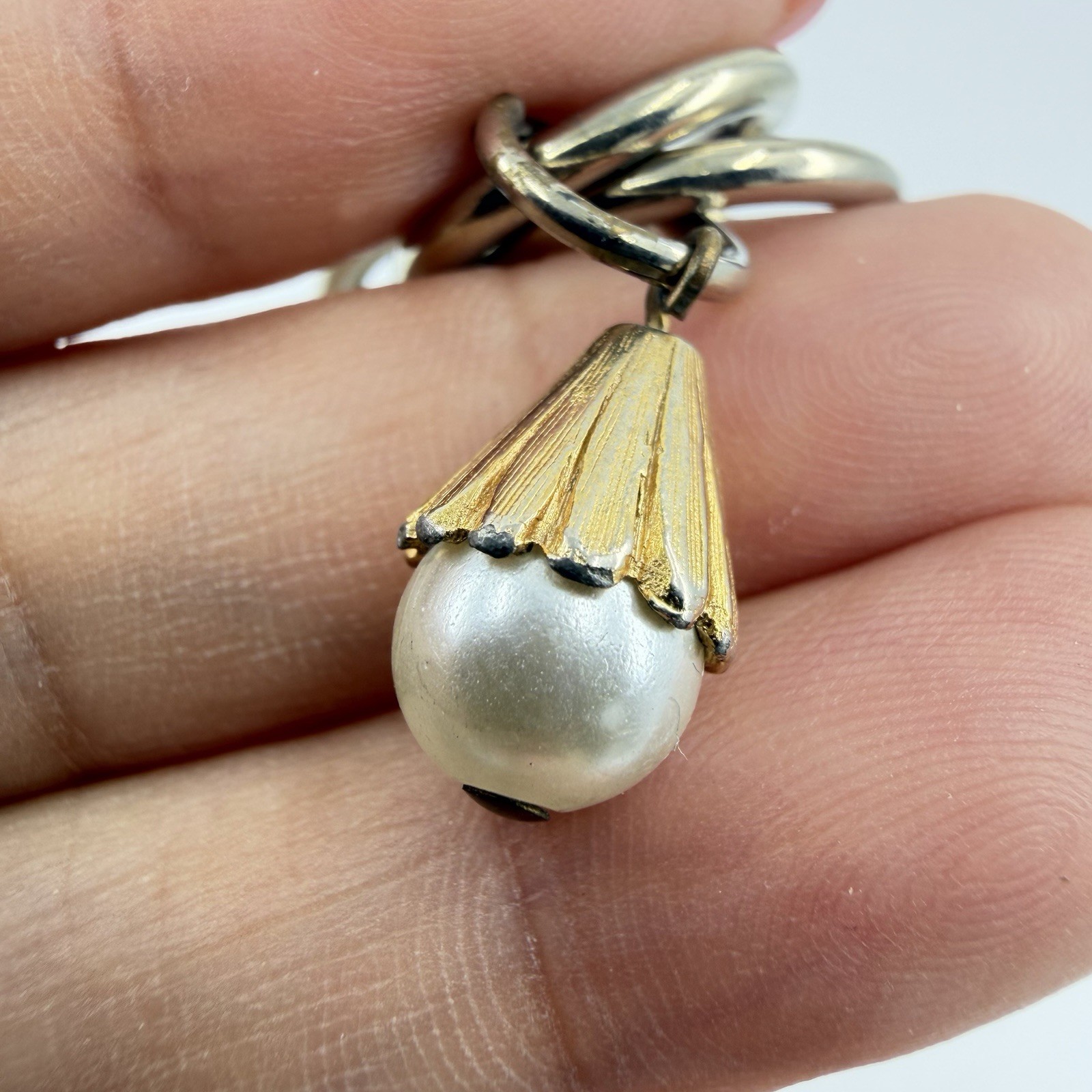 Signed Germany Chunky Chain Link Charm Bracelet Faux pearl Ribbed Hardware