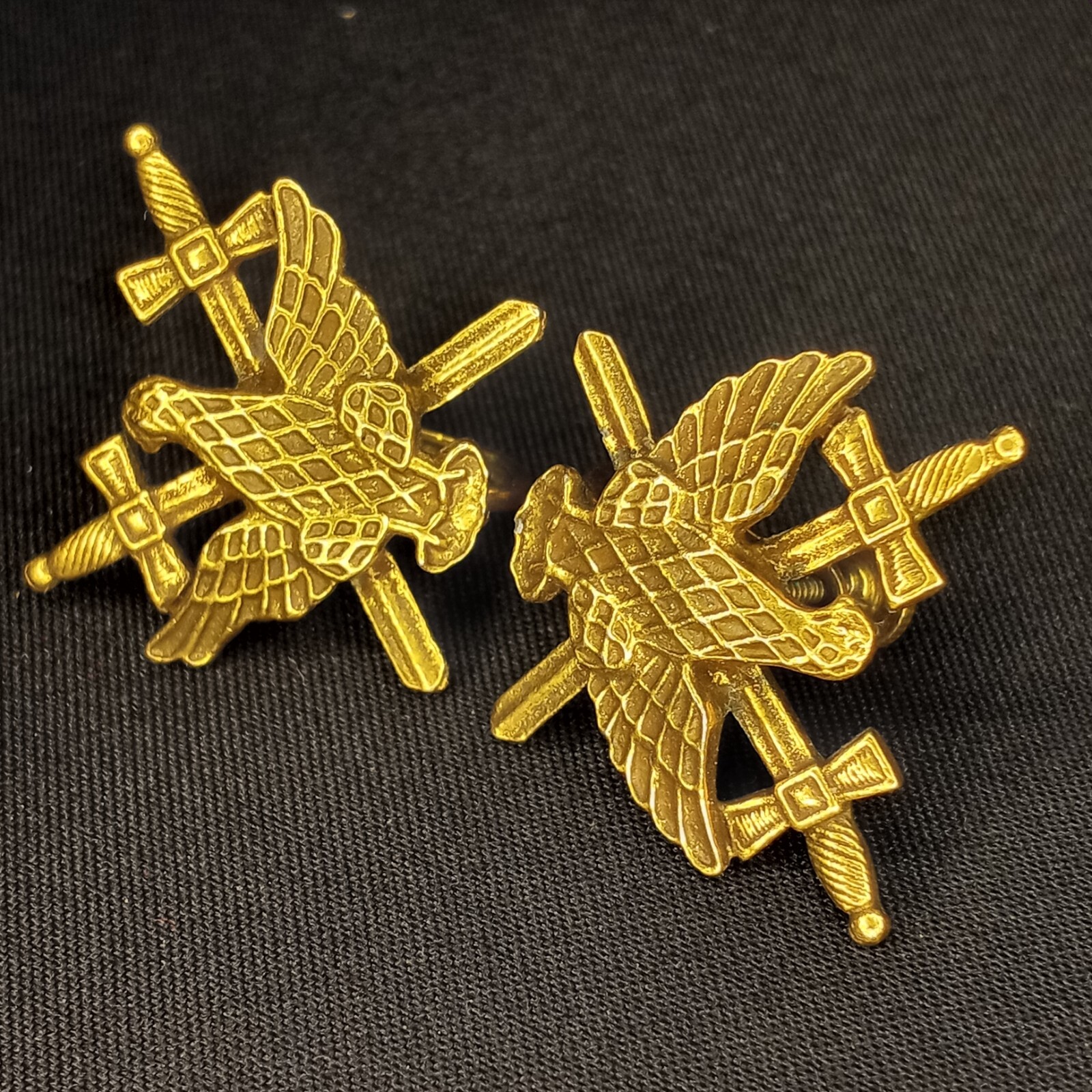 Large Vintage Earrings Sword Shield Crown Eagle Pin Military Style Gold Tone