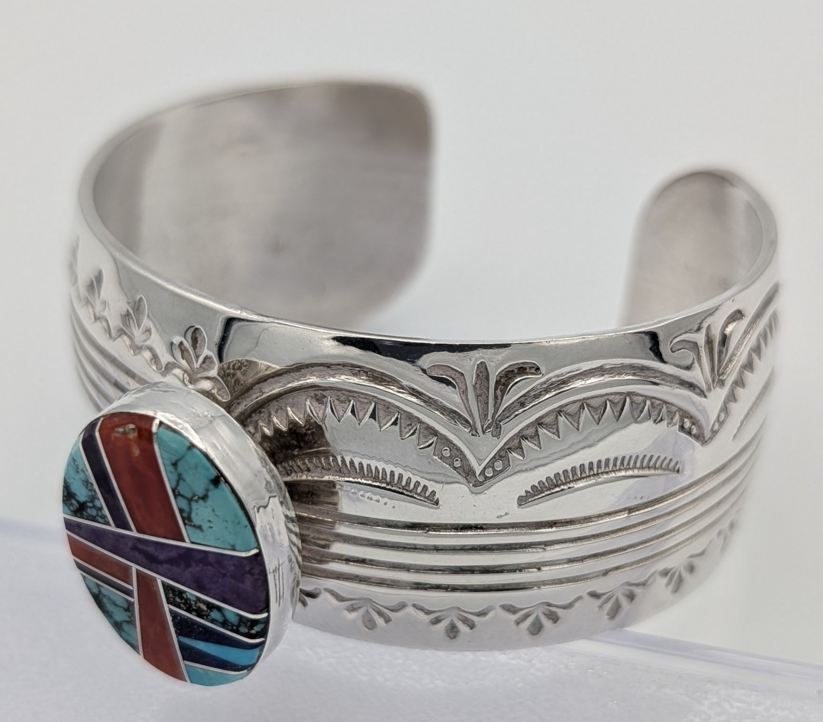 Vintage Navajo Sterling Silver Cuff Bracelet Turquoise Coral Sugilite Blackgoat