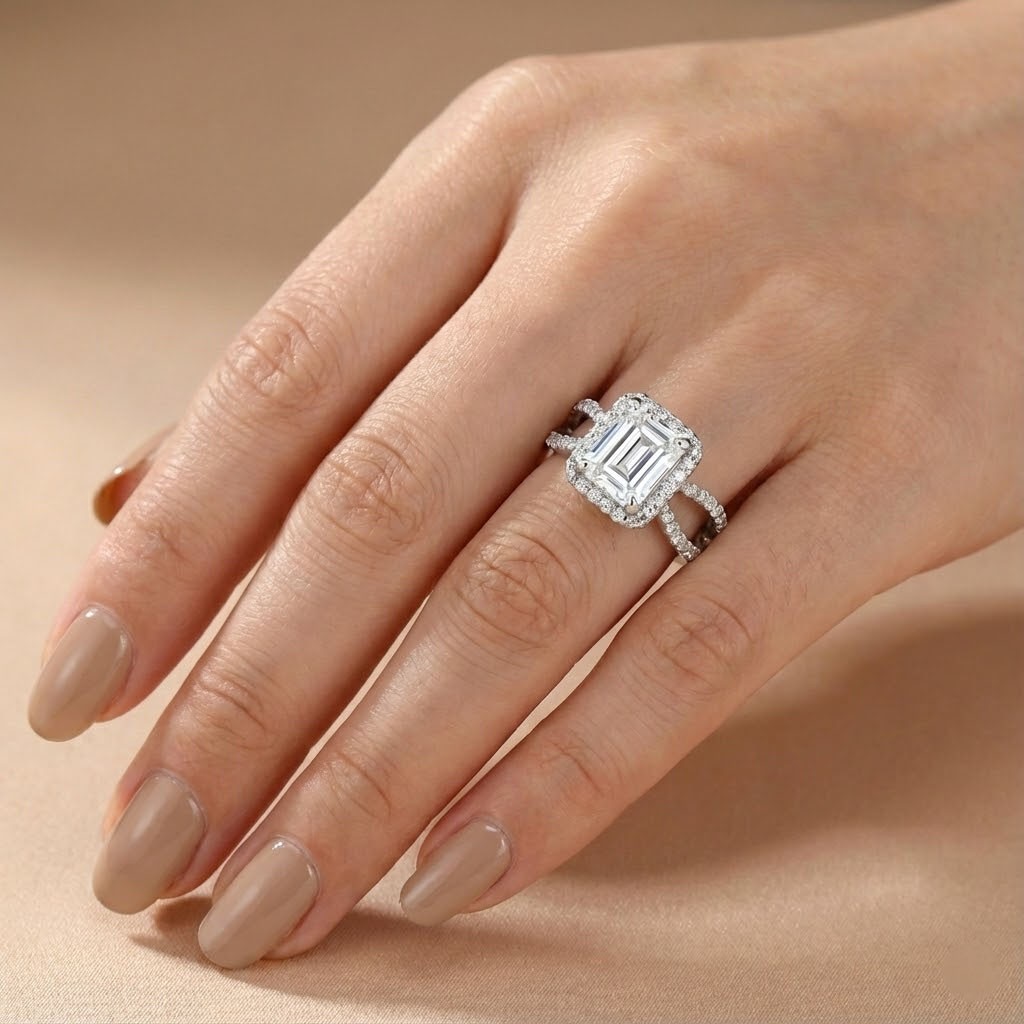 Side Stone Engagement Ring Platinum Halo 3.51 CT Emerald Lab-Grown Diamond F SI1