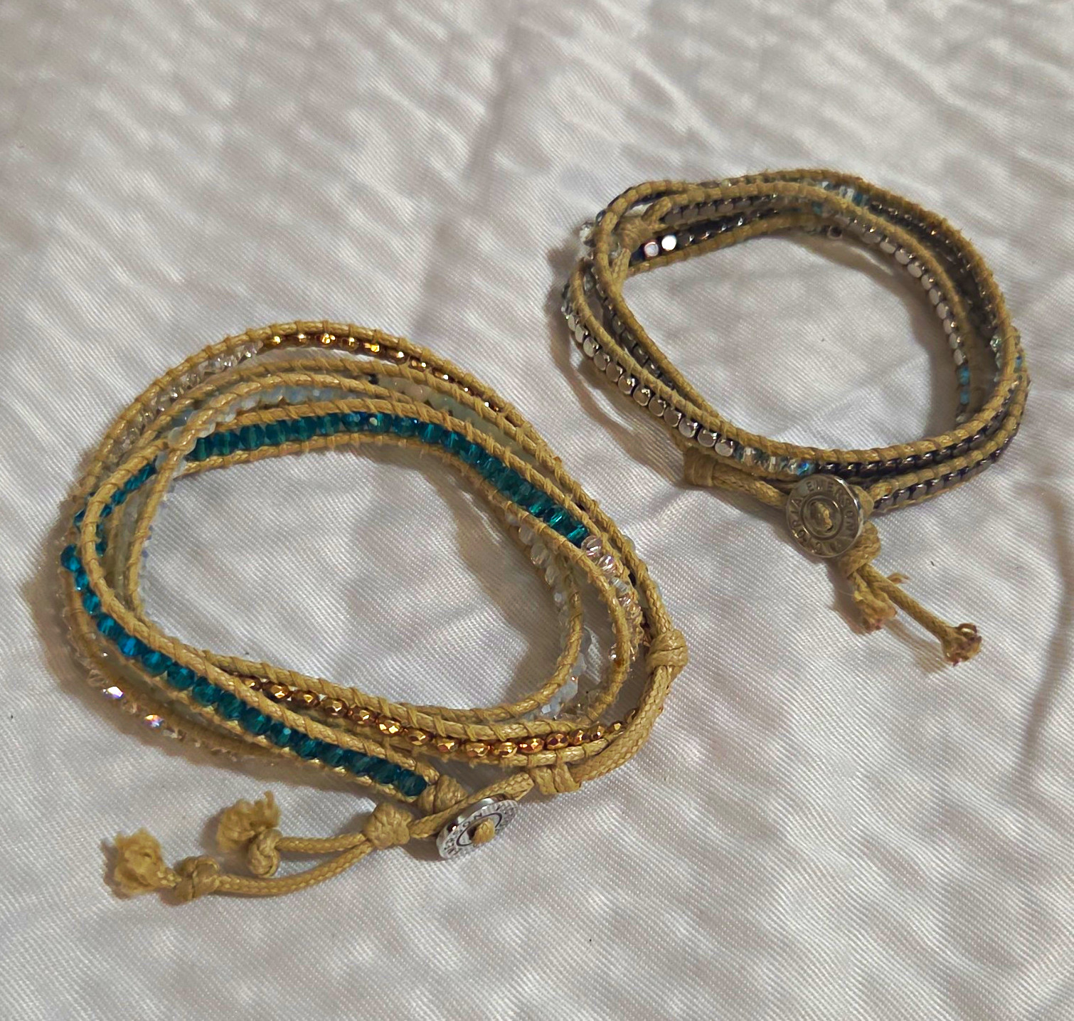 Victoria Emerson Beige Cord Wrap Bracelets Turquoise/Gold Button