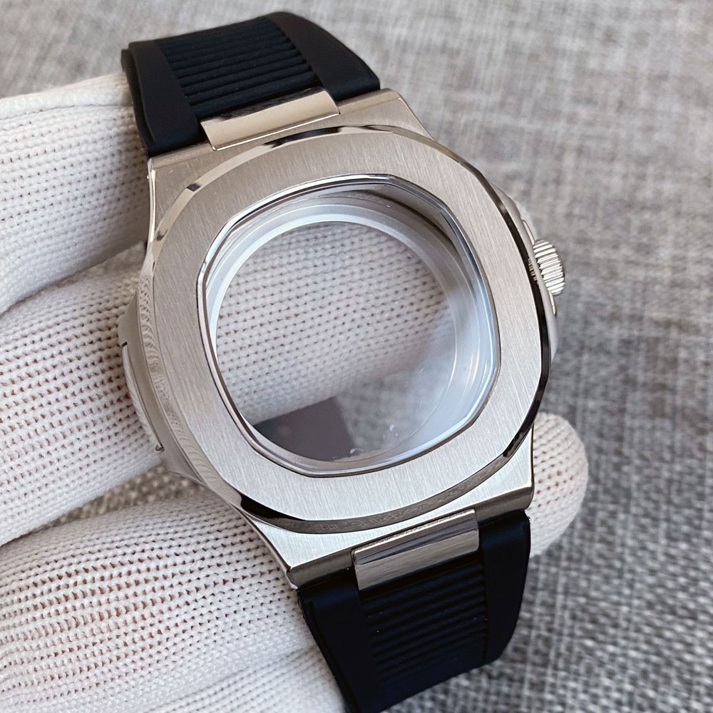 40mm Silver Nautilus Watch Case Nologo Dial Sapphire 10ATM For NH35 NH36 Rubber