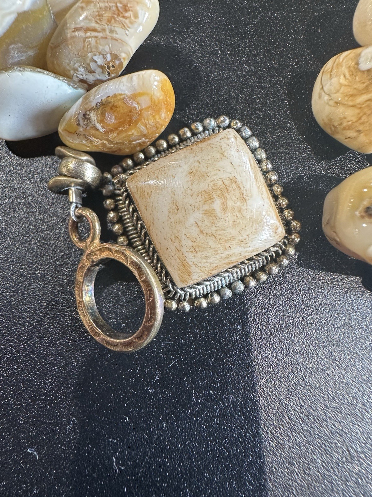 VTG 7.5” Polished Stone Bracelet W/Square Scrollwork Pendant & Toggle Clasp
