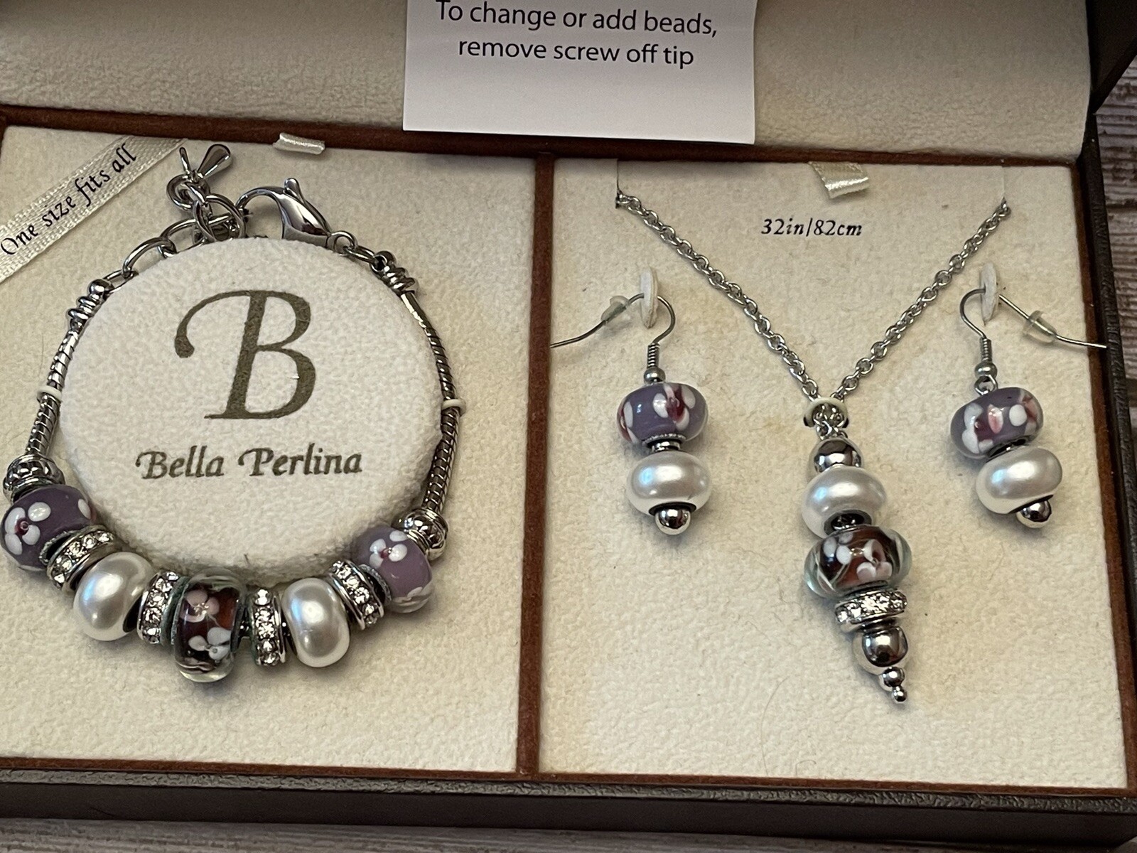Bella Perlina SET Bracelet Necklace Earrings Slide Charm Purple White Beads NIB