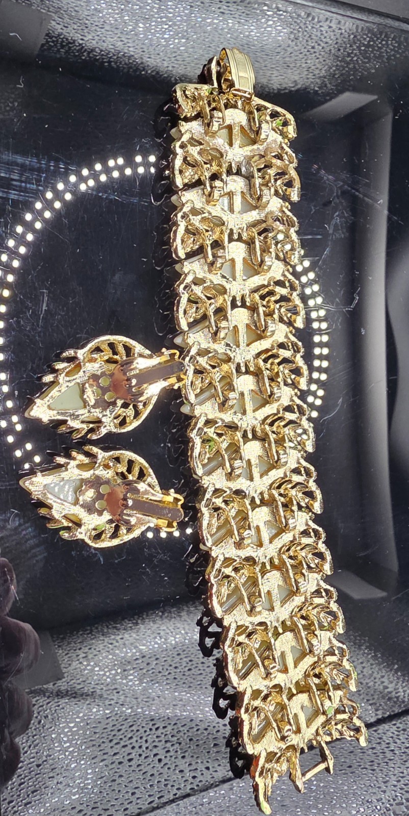Vintage MCM Lucite Bracelet & Clip Earrings Set Gold Tone Pearlized Cabochons