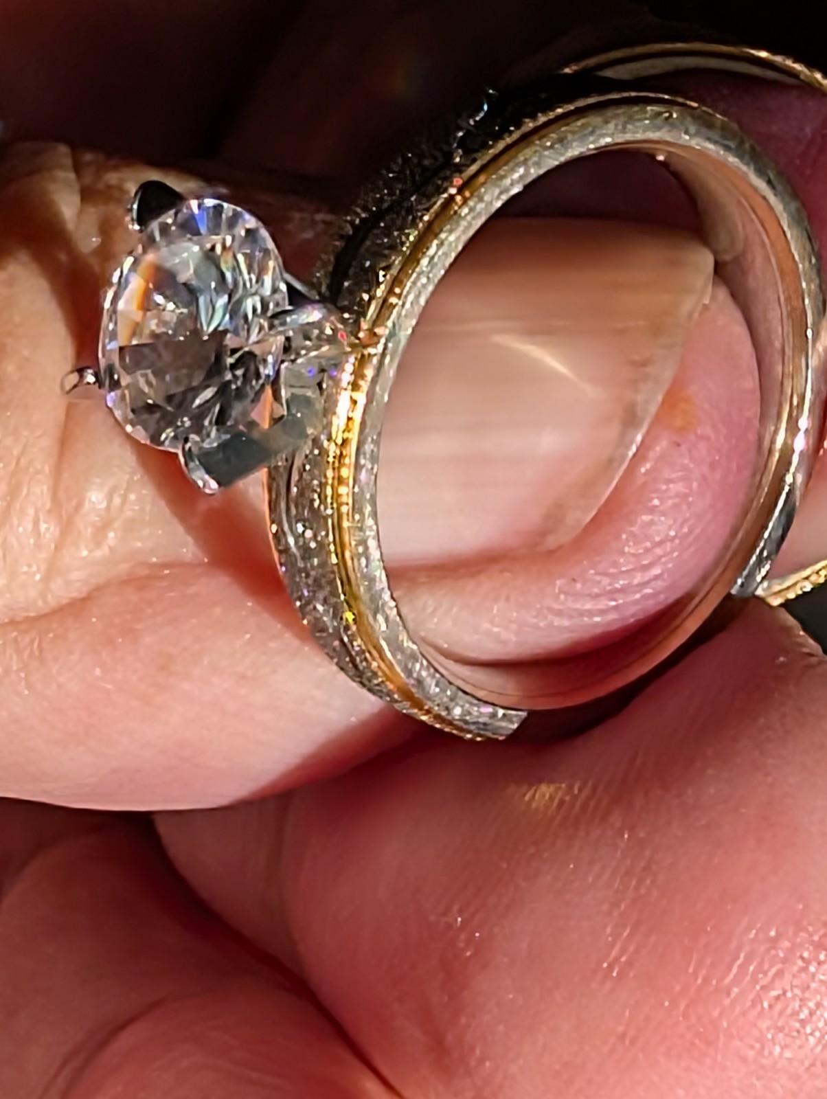 Gold & Silver Color Engagement & Wedding Ring Set – Created Diamond, Etched