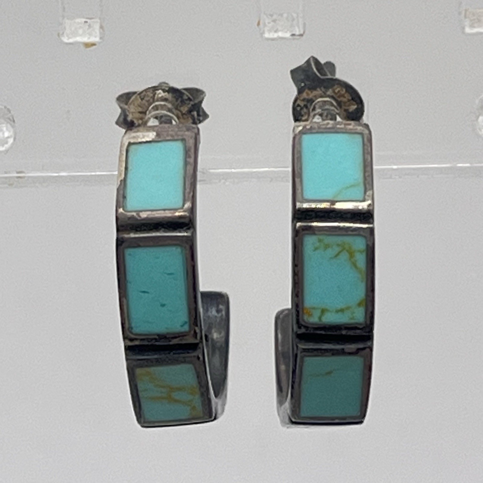 Vintage Sterling Silver Earrings Turquoise Inlay Stamped 925 Thailand 1″