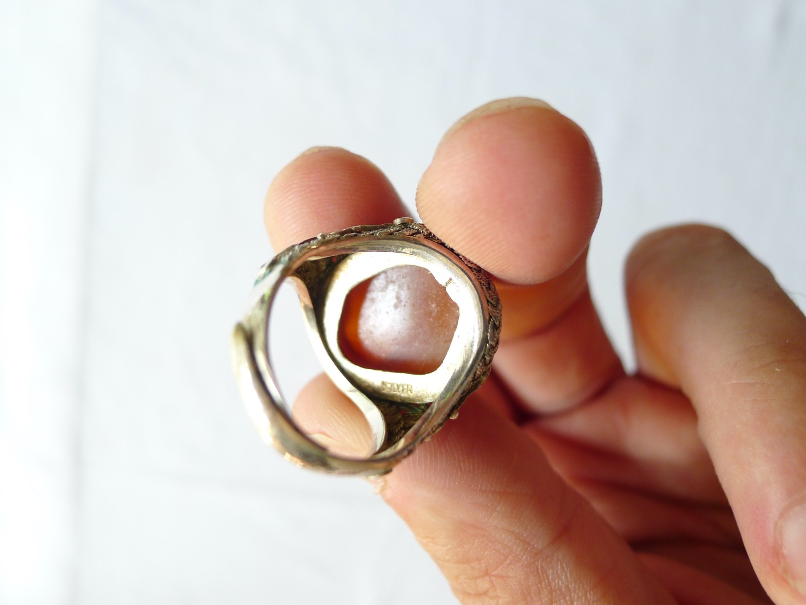 OLD CHINESE RING FILIGREE SILVER HARD STONE CHINA EXPORT VINTAGE CHINA