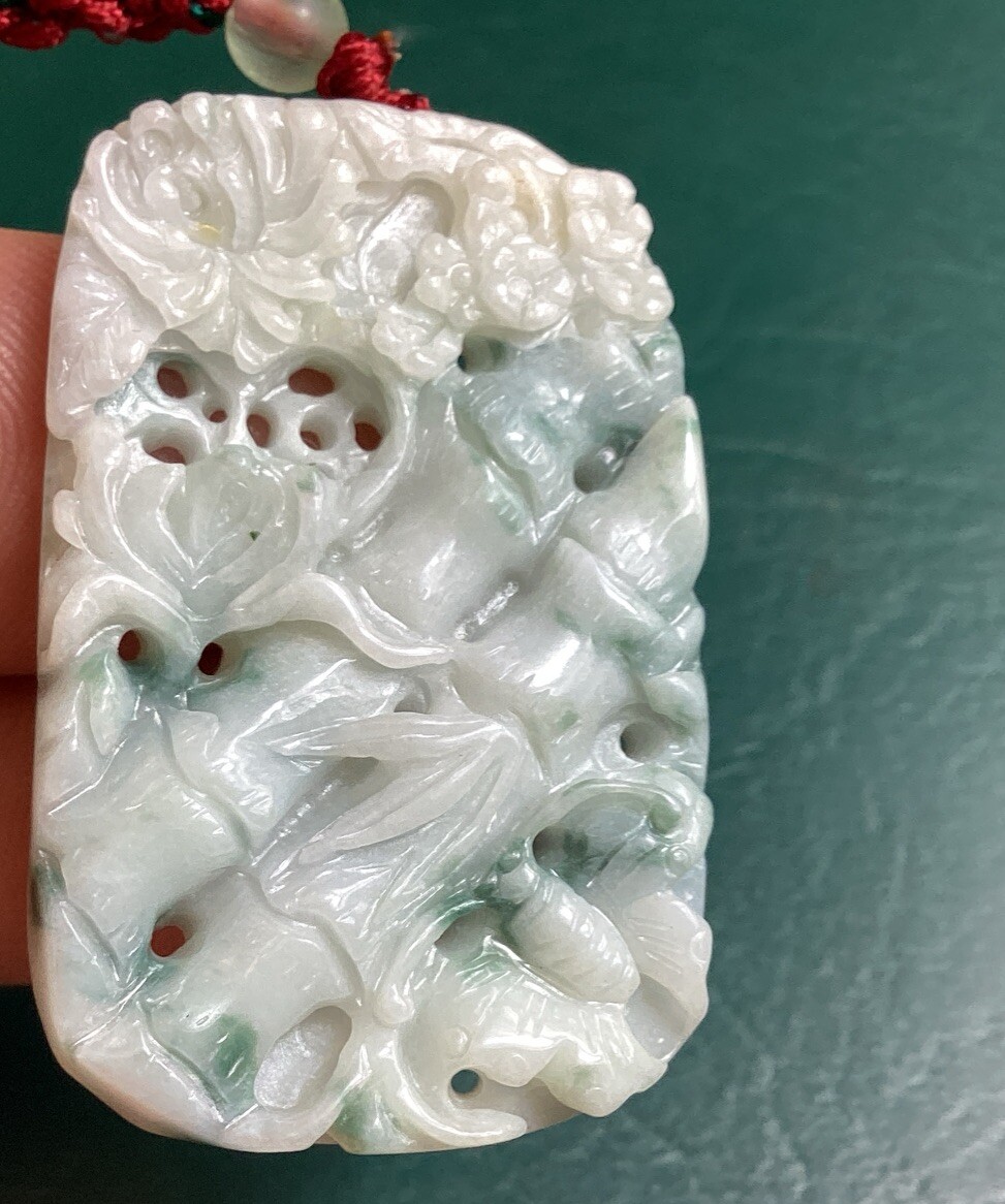 Light Tan & Green 1 Sided Jadeite Bamboo & Butterfly Translucent Pendant