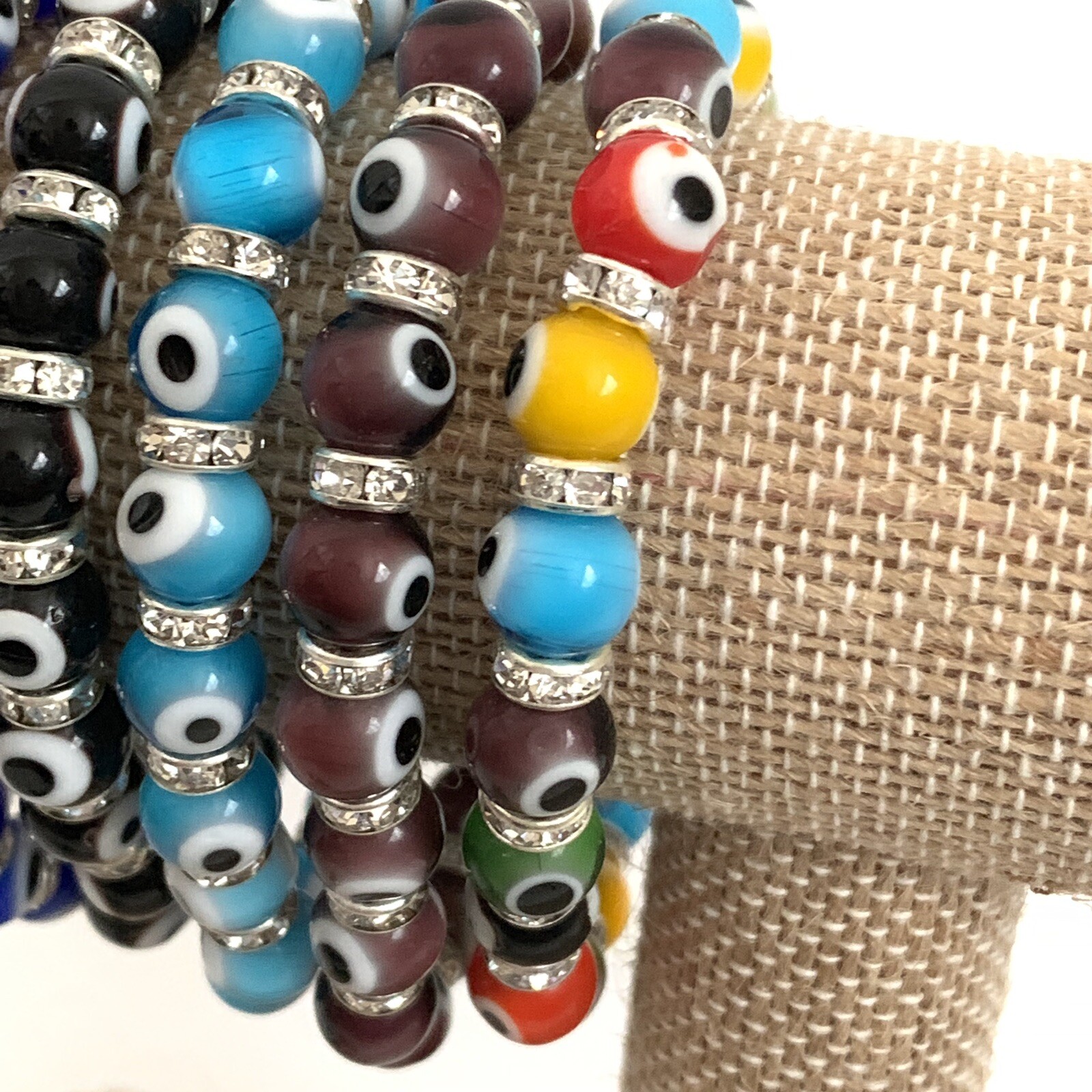 Evil Eye Bracelets Medium Glass Beads Crystals Elastic String Many Colors Stack