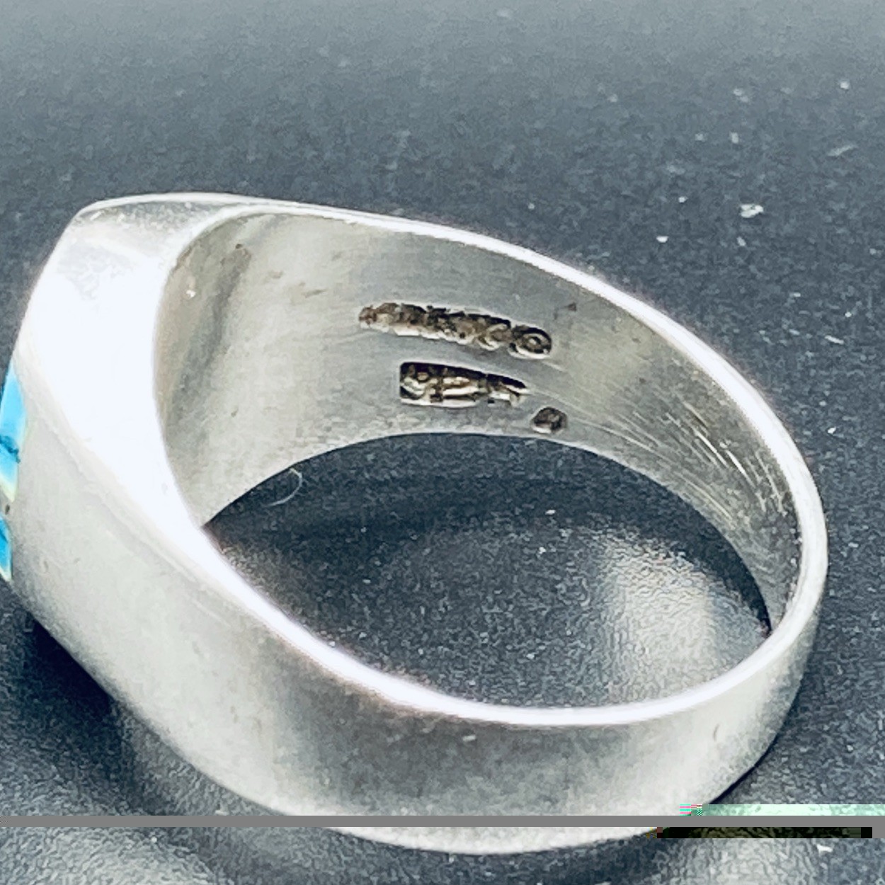 Vintage Taxco 925 Sterling Silver Turquoise Signet Ring Size 10 Linear Inlay 9g