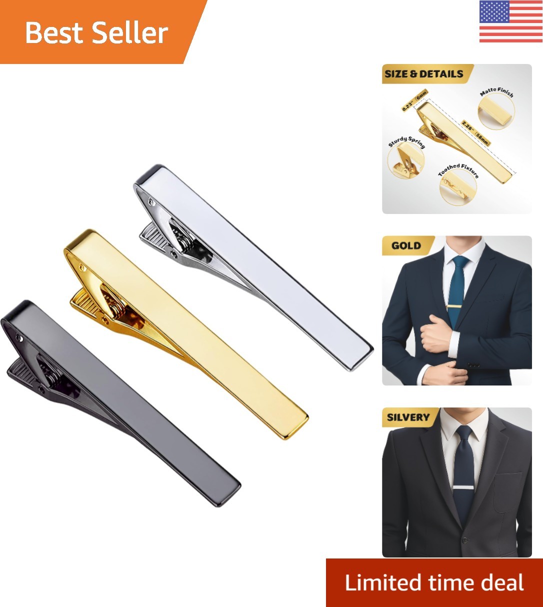 Classic 3 Pack Tie Clips – Gold, Silver & Black Matte Finish for Every Occasion