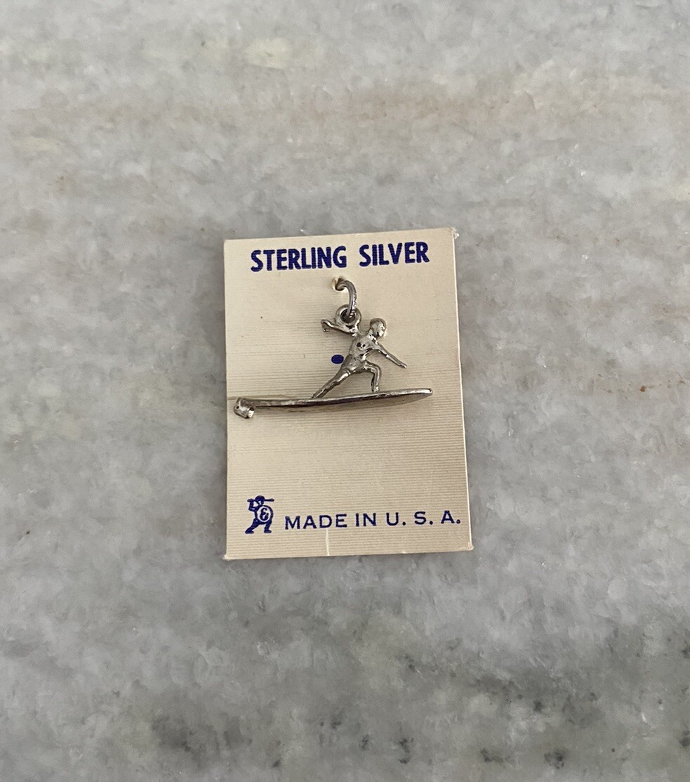 New Old Stock Vintage With Tag Elco Sterling Silver Surfer Boy Man Charm