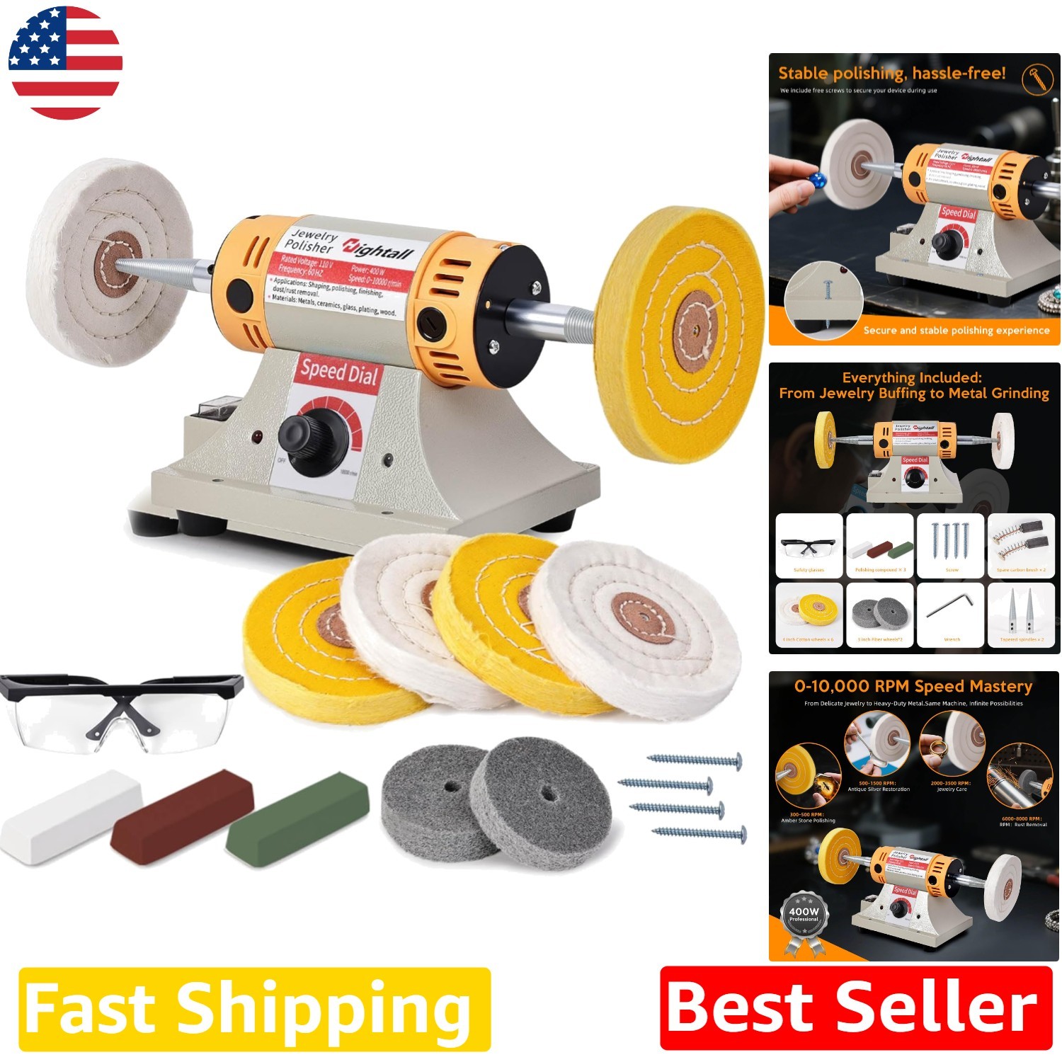Jewelry Polisher 400W Bench Grinder Kit, 10000 RPM, 6 Cotton Wheels, Pro Finish