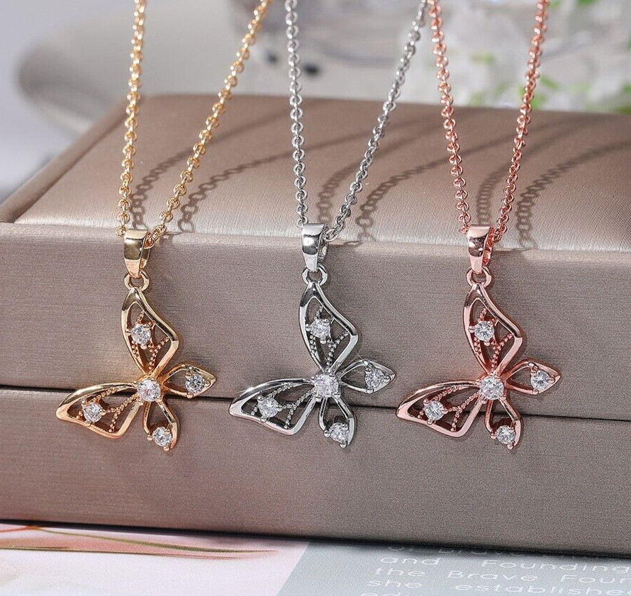 2 CT Simulated Diamond Valentine Gifts Necklace Silver Plated Butterfly Pendant