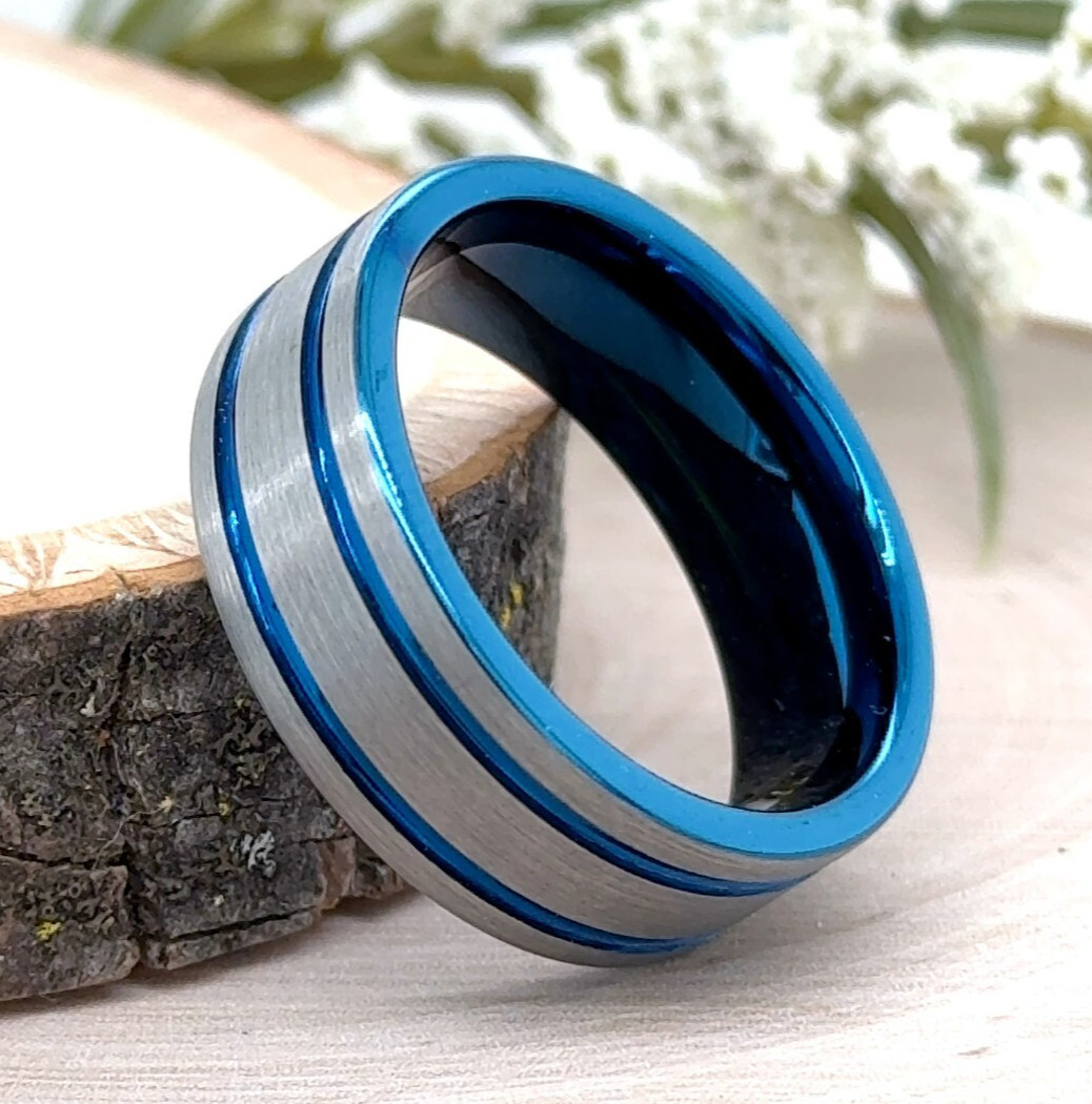 Blue Tungsten 8MM Ring High Polish Finish with Silver Brushed Edge & Blue Strip