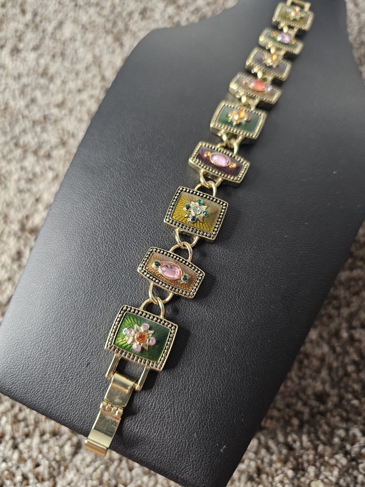 Gorgeous NAPIER Bracelet Enamel Crystals Cabochons Panel Chain Link Jewelry