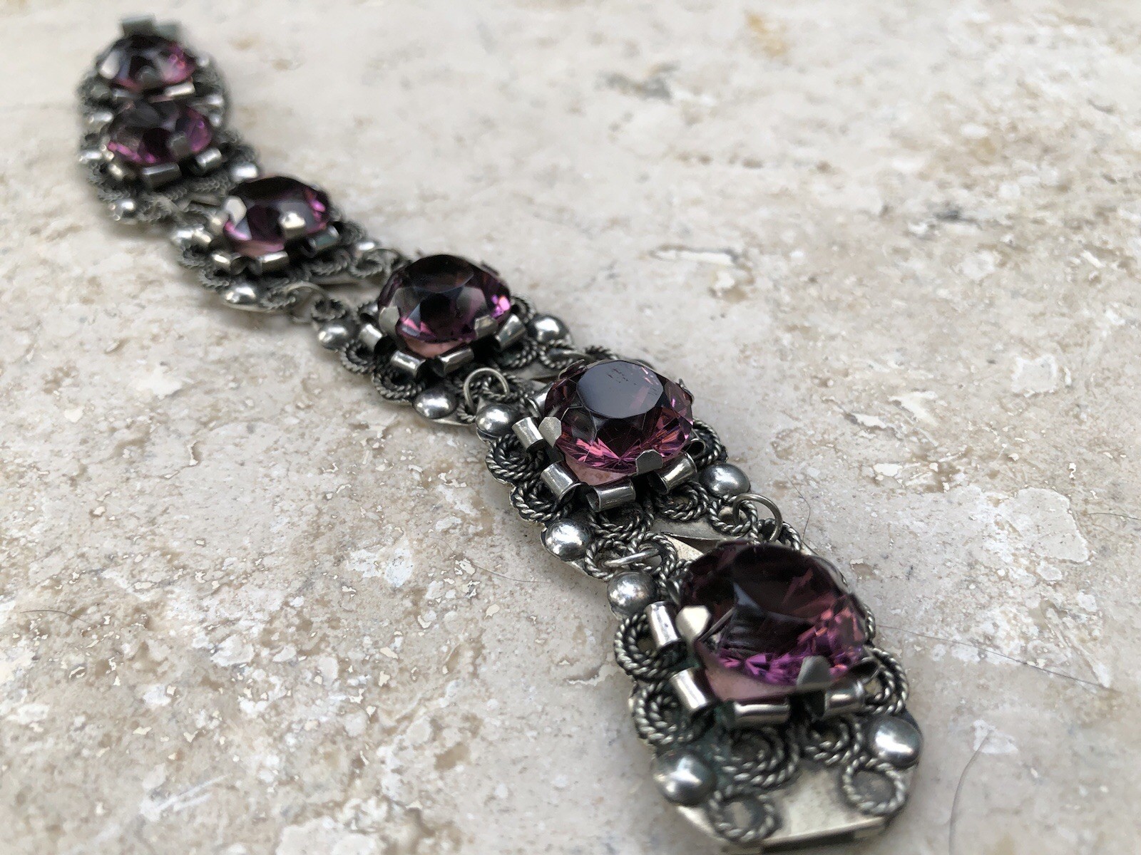 🌟🍇Vintage MEXICO STERLING SILVER Purple Color Stones STATEMENT PANEL Bracelet