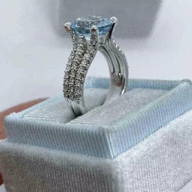 3Ct Oval Cut Lab Created Aquamarine Solitaire Wedding Ring 14K White Gold Plated