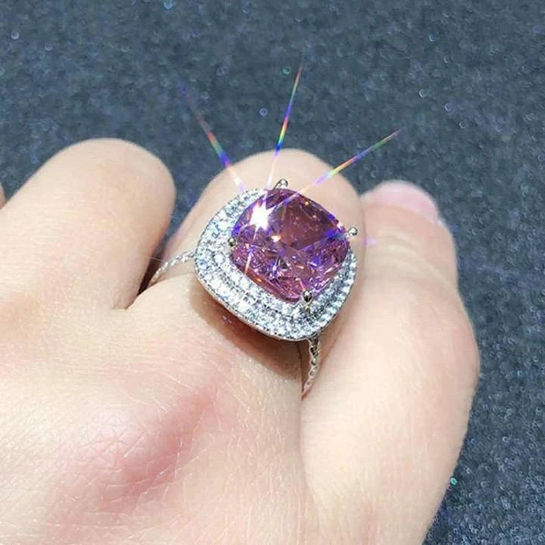 8.00 Ct Cushion Cut Natural Pink Sapphire Diamond Wedding Ring 14K White Gold 7