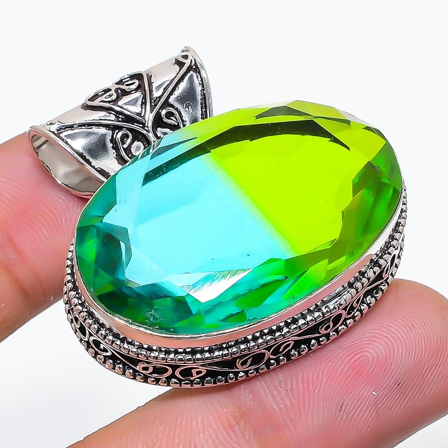 Bi-Color Tourmaline Gemstone 925 Sterling Silver Jewelry Pendant 1.54″ p202