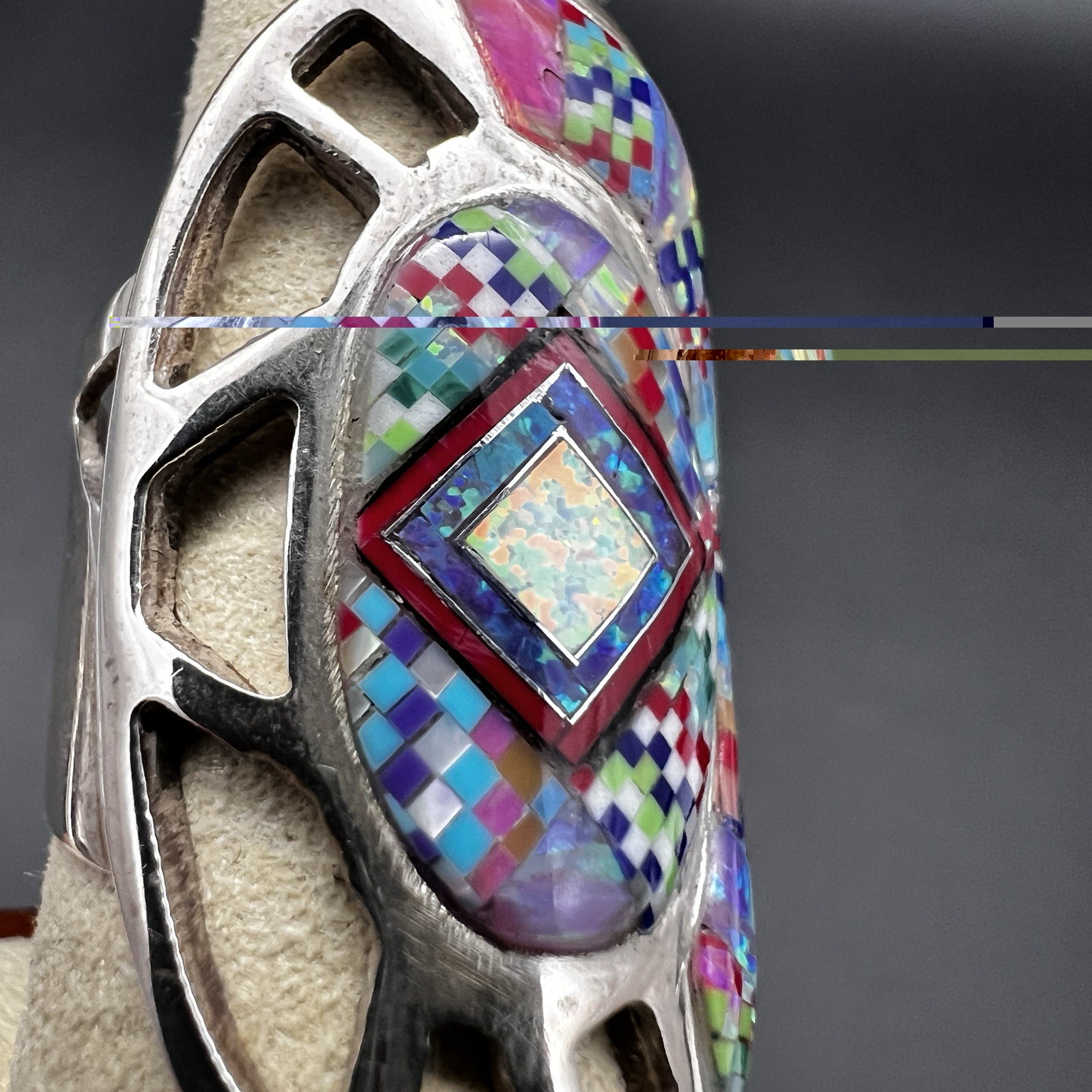 Sterling Silver Inlay Native American Ring Turquoise Opal & Other Size 7.5 10g