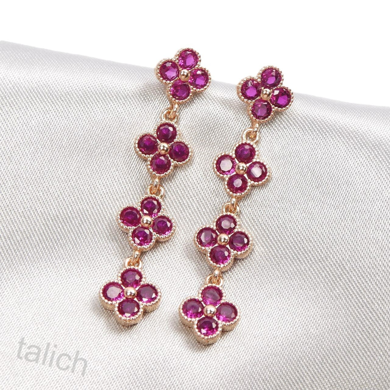 Rose Gold Plated Hot Pink Fuchsia CZ Cubic Zirconia Linear Flower Long Earrings