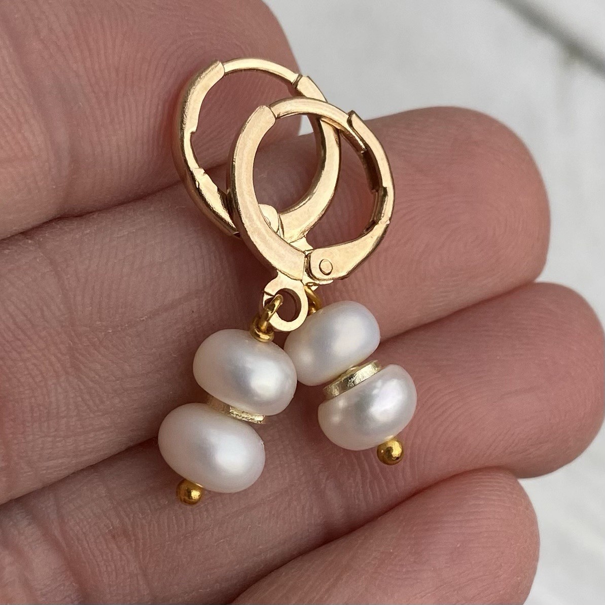 Min Favorit Genuine White Button Pearls & Gold Pl Artisan Drop Earrings