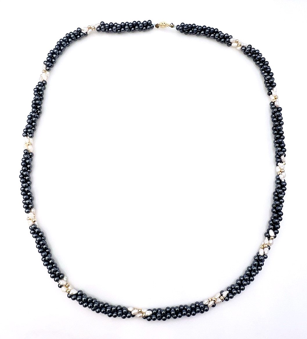 Vintage Twisted Hematite Rice Pearl 14K Gold Bead Necklace 30 in