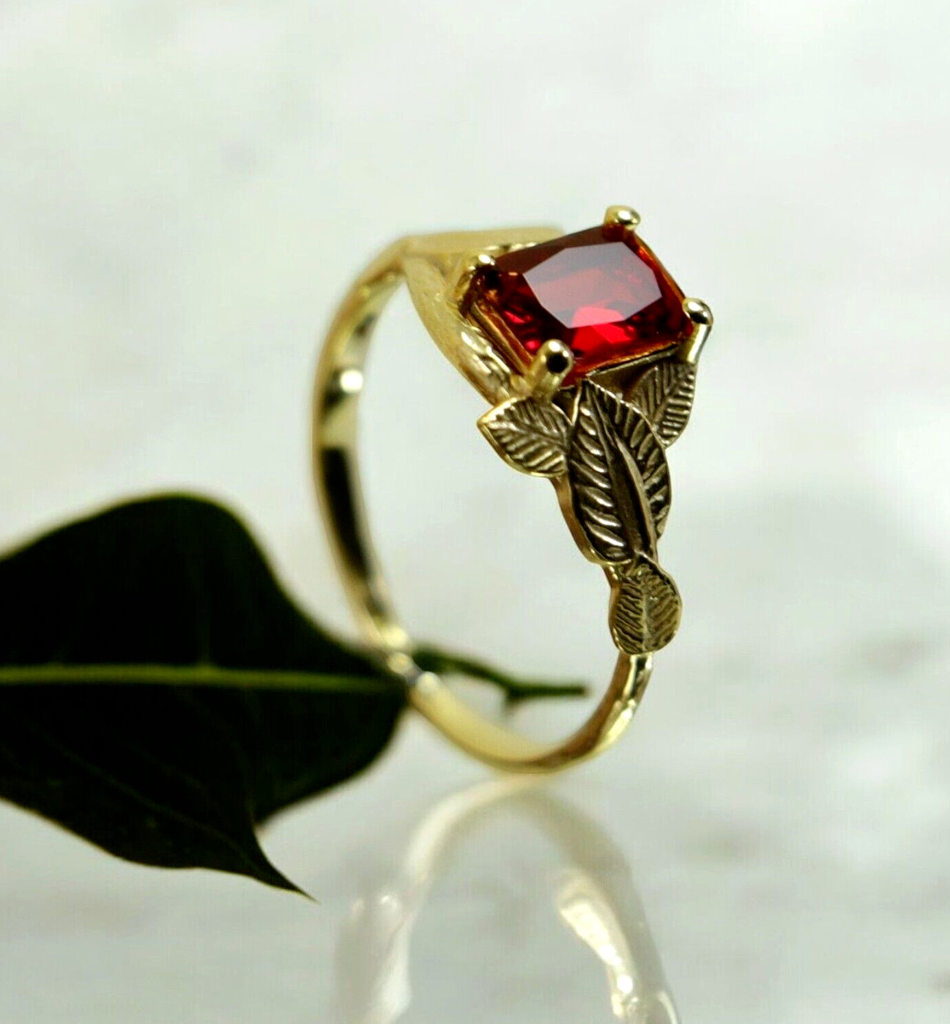 Lovely Emerald Cut Red Ruby Simulated Diamond Leaf Proposal Ring 10k Yellow Gold