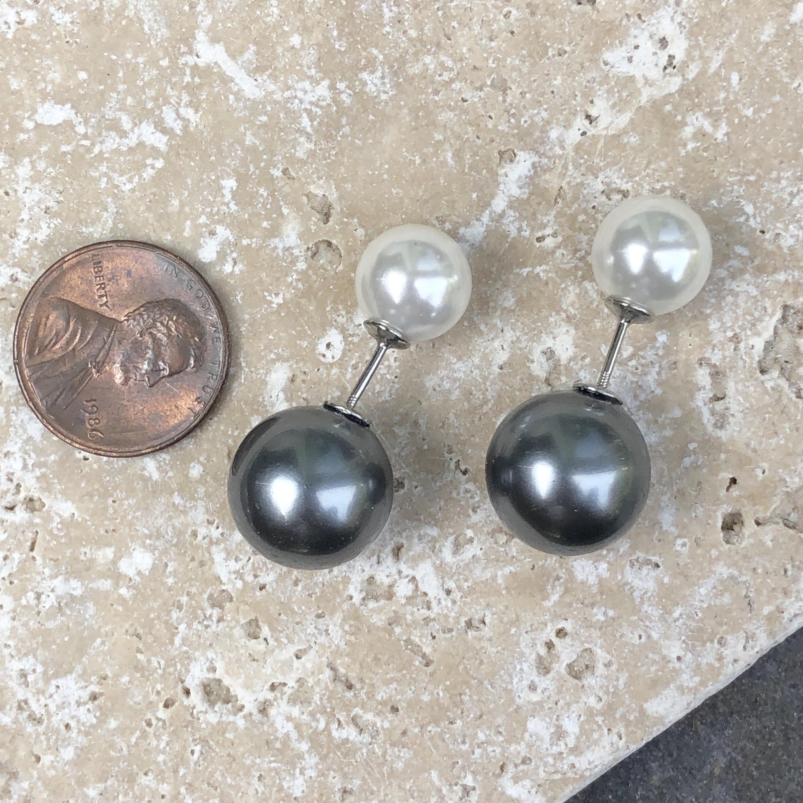 Sterling Silver Double Ended Gray White Pearl Ball Earrings Interchangeable NEW