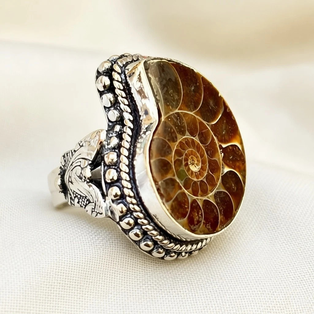 Natural Ammonite Gemstone 925 Sterling Silver Handmade Jewelry Ring Gift For