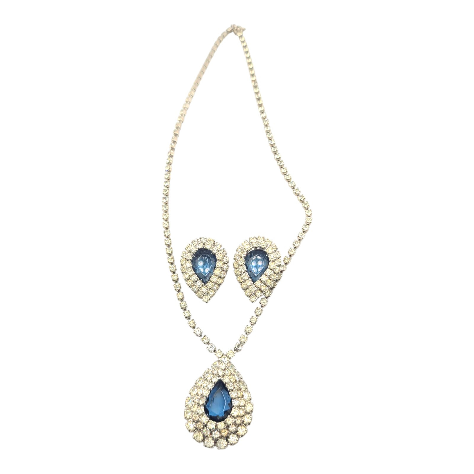 Vintage Rhinestone Earrings Necklace Set Sapphire Blue & Clear Tear Drop Princes