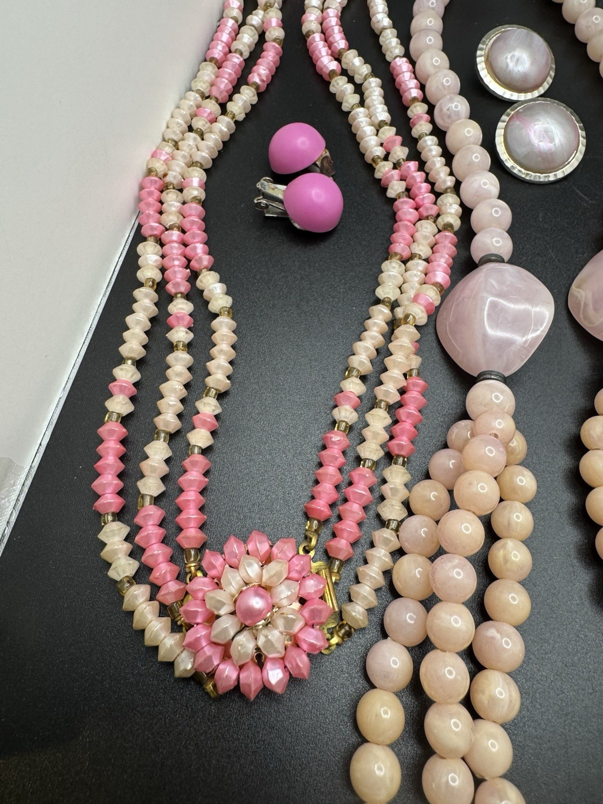 Vintage Pink Jewelry Lot 4 Necklaces 4 Pairs Earrings Lucite Beaded AB Crystal