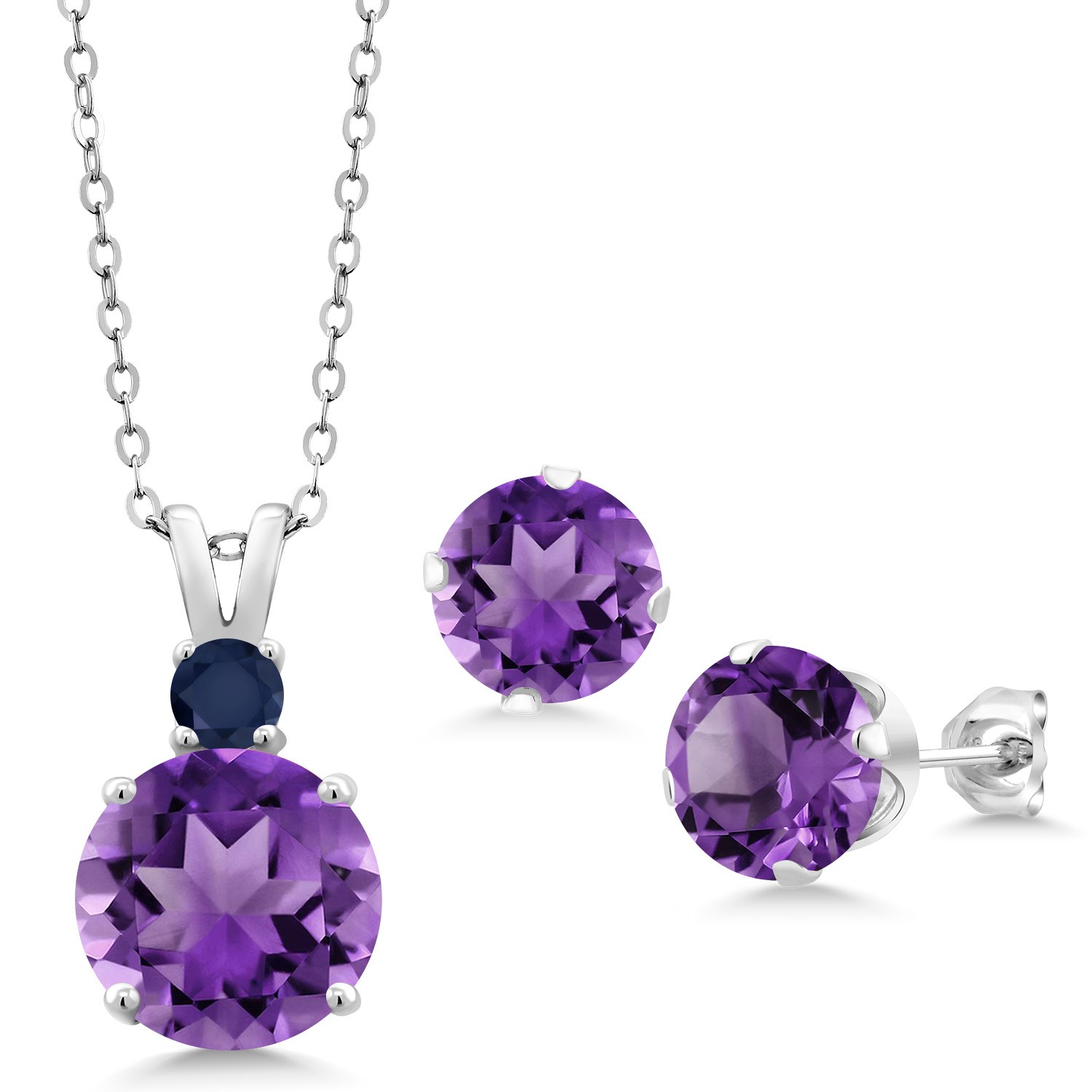 925 Sterling Silver Amethyst and Sapphire Pendant and Earrings Jewelry Set For